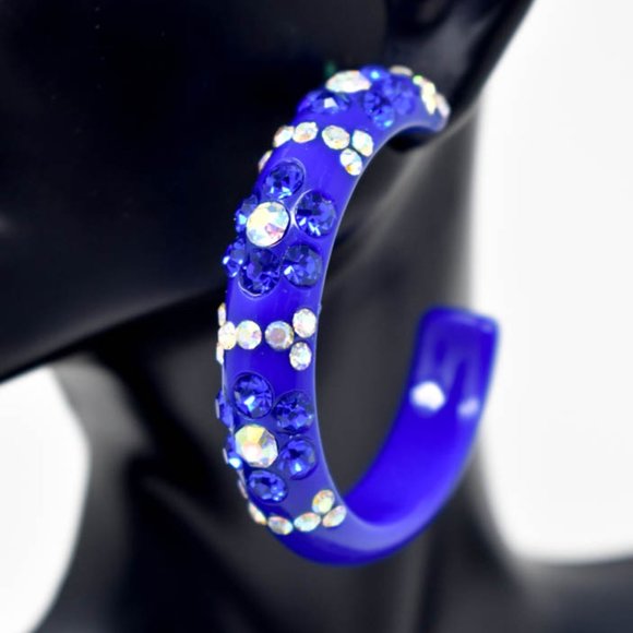 2" Flower Pattern Royal Lucite Rhinestone Earrings - Picture 2 of 12